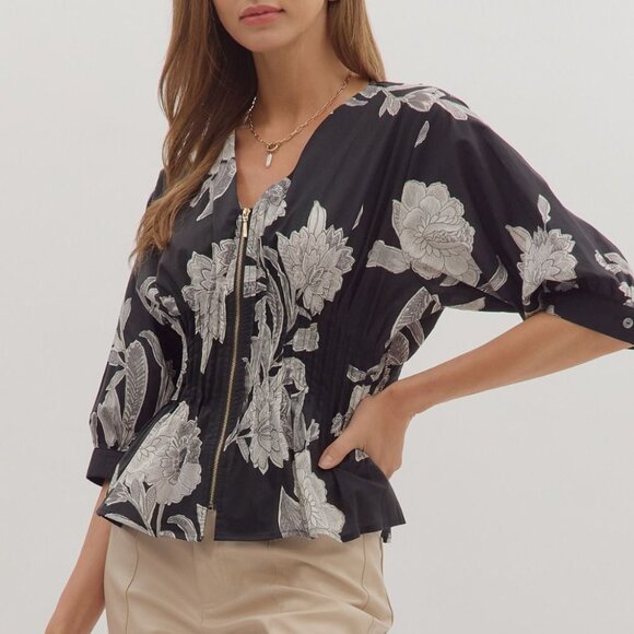 ENTRO BLACK & WHITE FLORAL TOP WITH GOLD ZIPPER - Picture 3 of 7